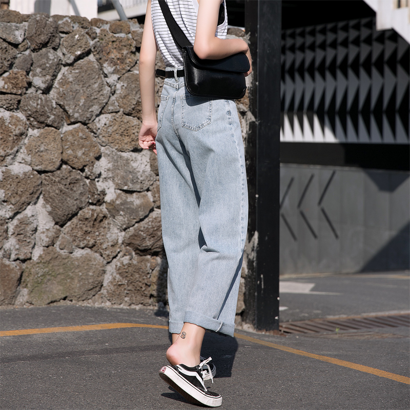 簡約高腰寬鬆直筒牛仔闊腿褲