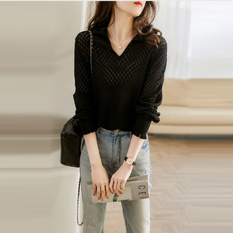 法式鏤空冰絲V領針織衫(3色)