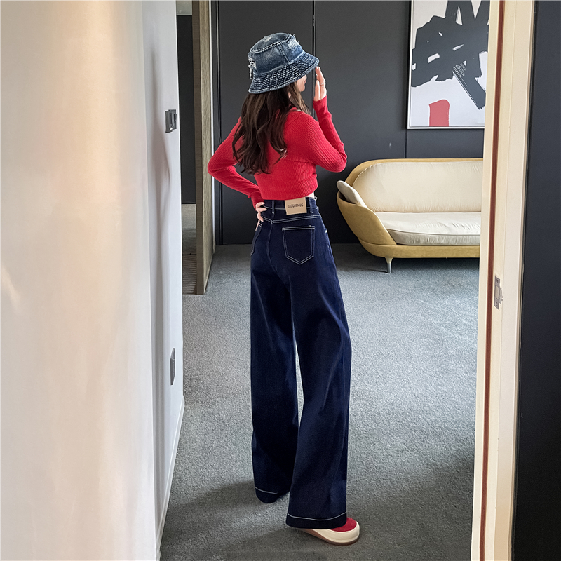 韓系高腰寬鬆遮胯闊腿丹寧藍牛仔褲