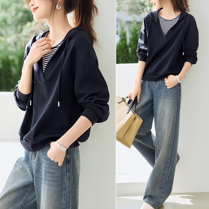 撞色條紋拼接假兩件連帽衛衣(2色)