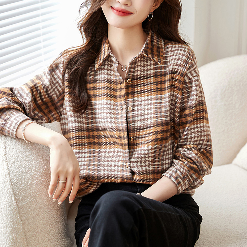 復古磨毛撞色格紋寬鬆翻領襯衫(2色)
