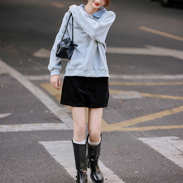 假兩件牛仔翻領字母印花衛衣