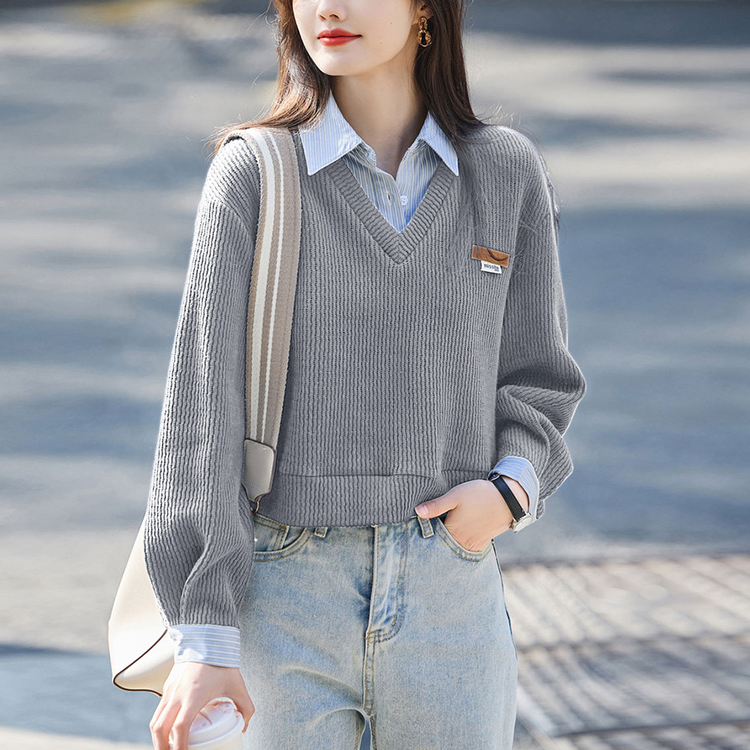 翻領條紋拼接假兩款短款衛衣(3色)