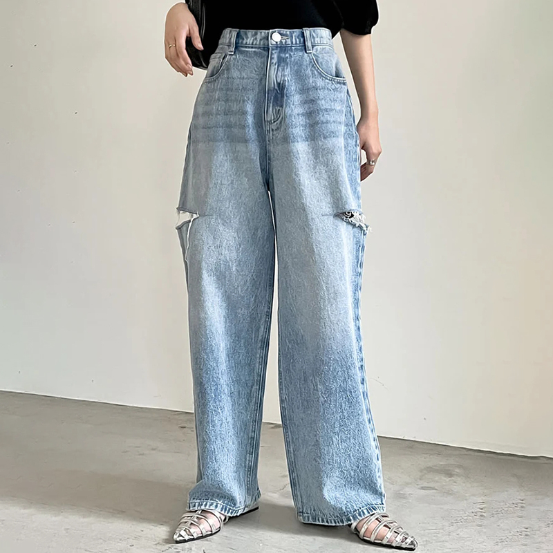 四季休閒破洞長版闊腿牛仔褲