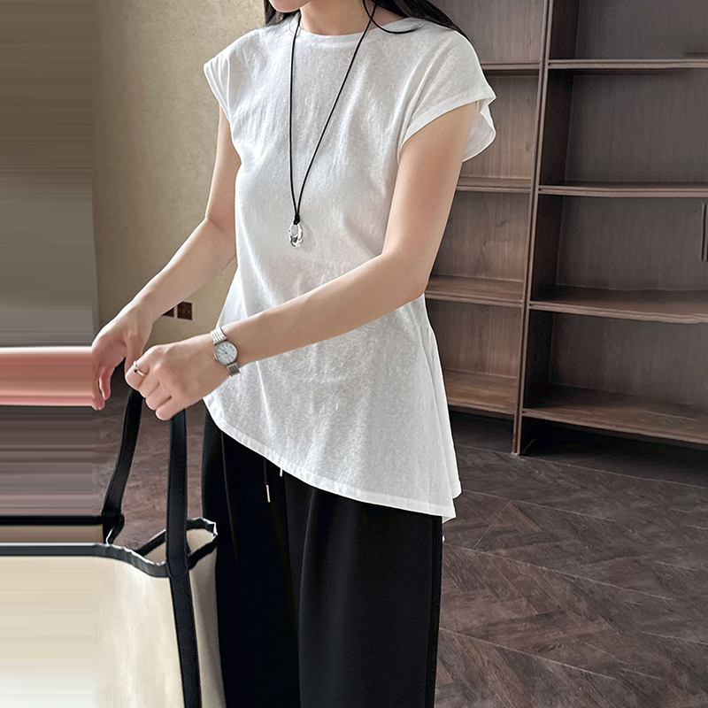 簡約修身繫帶不規則下擺短袖T恤