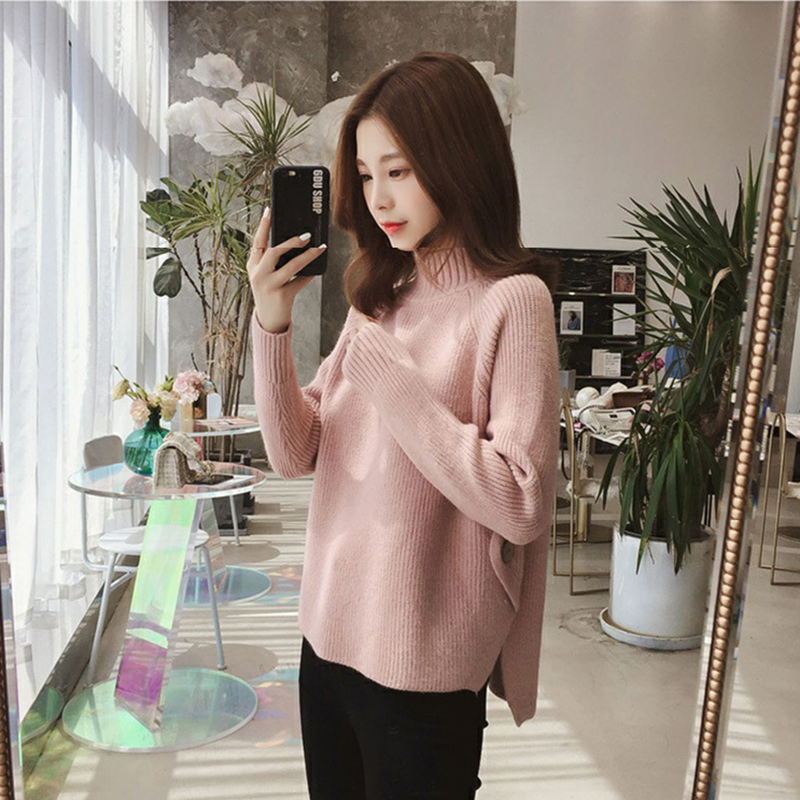 韓版半高領扣下擺開叉設計寬鬆純色針織衫(6色)