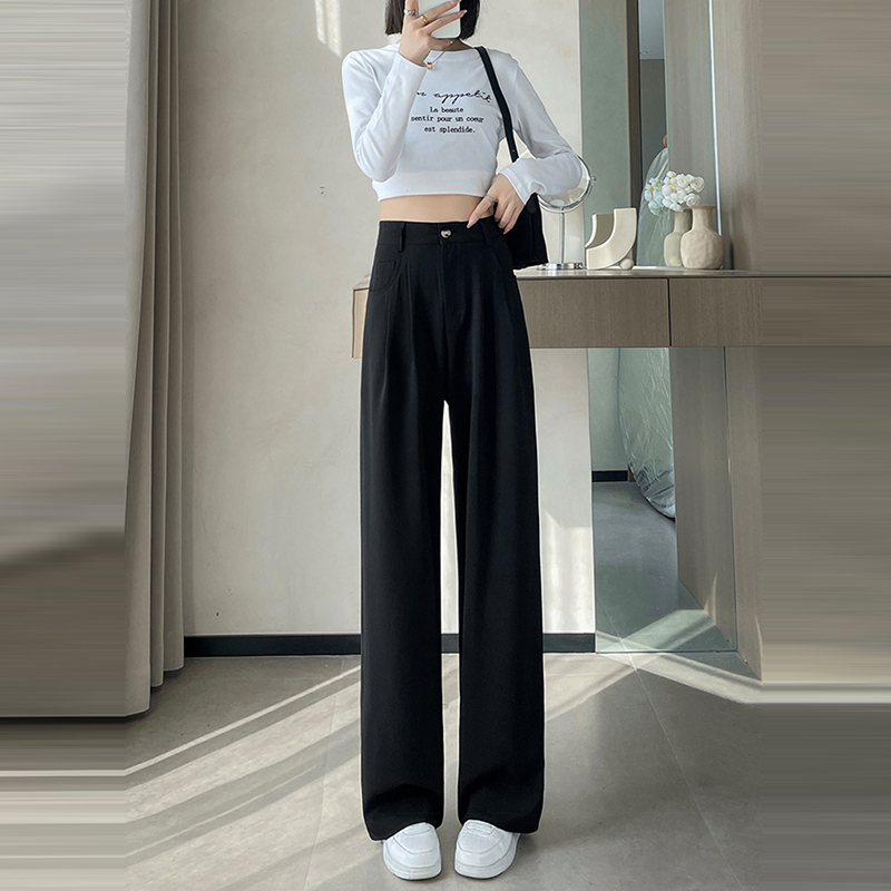 薄款休閒高腰窄版拖地闊腿褲(4色)