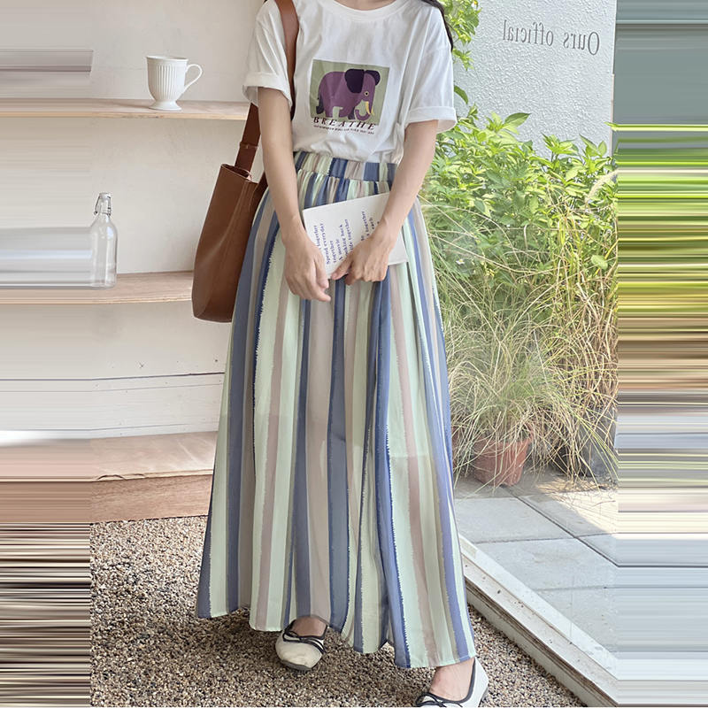 日繫條紋長A字大擺半身裙(9色)
