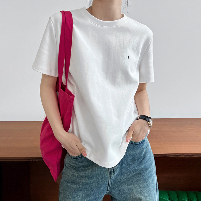 簡約圓領字母刺繡短袖T恤(3色)