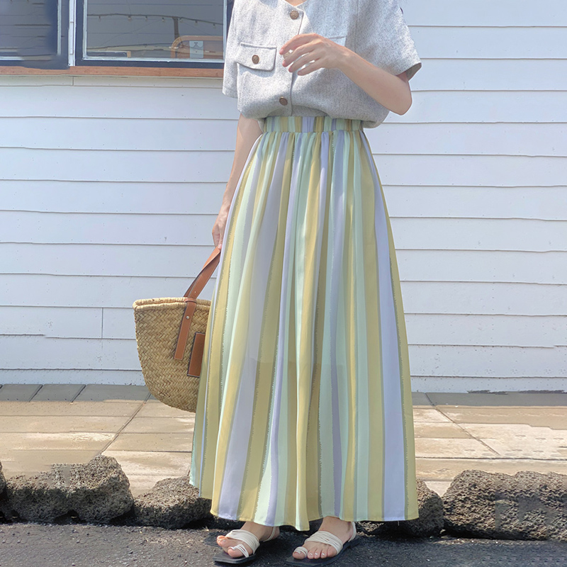 日繫條紋長A字大擺半身裙(9色)