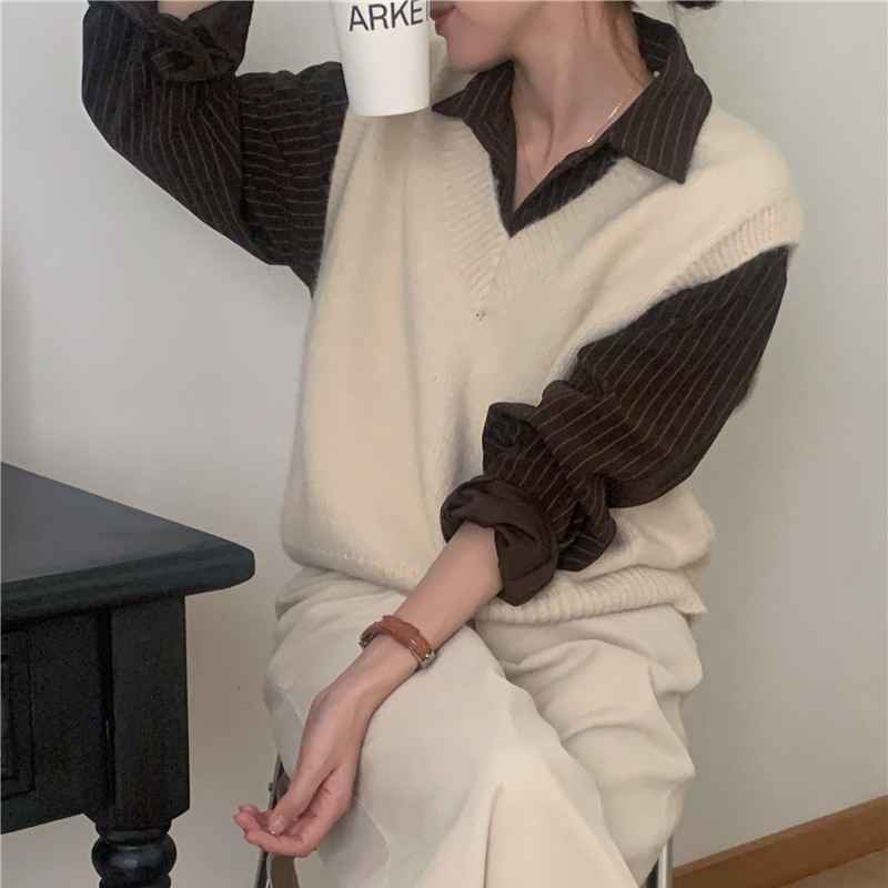 韓版百搭條紋長袖襯衫 +V領馬甲套裝