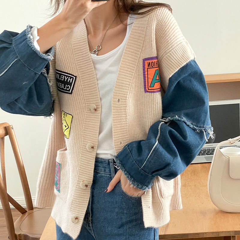 韓系牛仔拼接寬鬆慵懶風針織外套(2色)