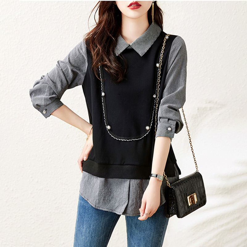 寬鬆撞色條紋假兩件針織拼接衛衣