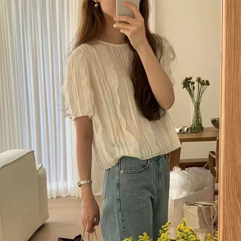 褶皺設計木耳邊繫帶短袖襯衫(2色)