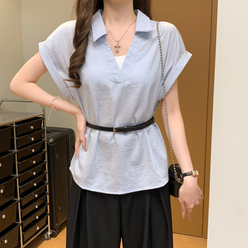 【送腰帶】翻領拼接假兩件收腰短袖襯衫
