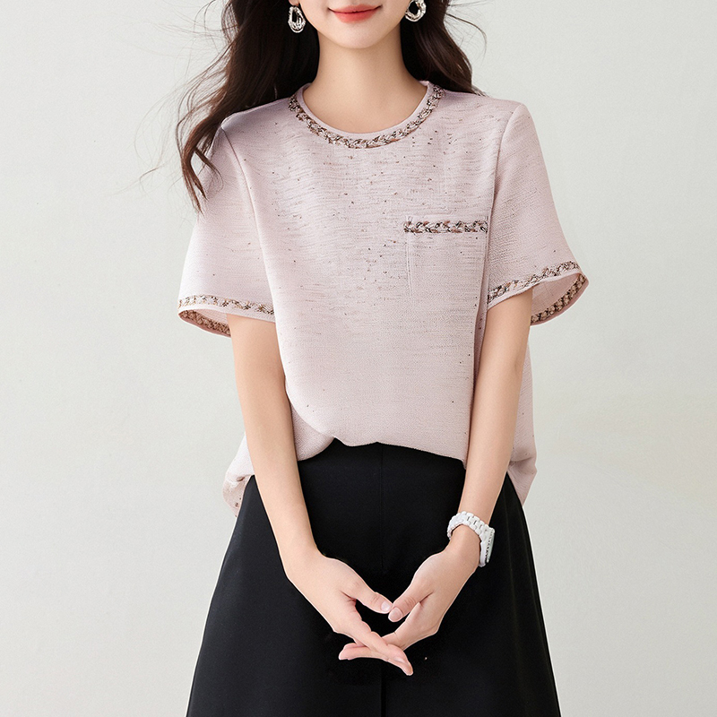 紫粉色立體花朵短款T恤