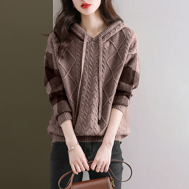 慵懶休閒寬鬆格紋拼接袖連帽針織衫(3色)