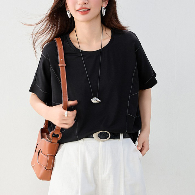 明線裝飾寬鬆蝙蝠袖T恤