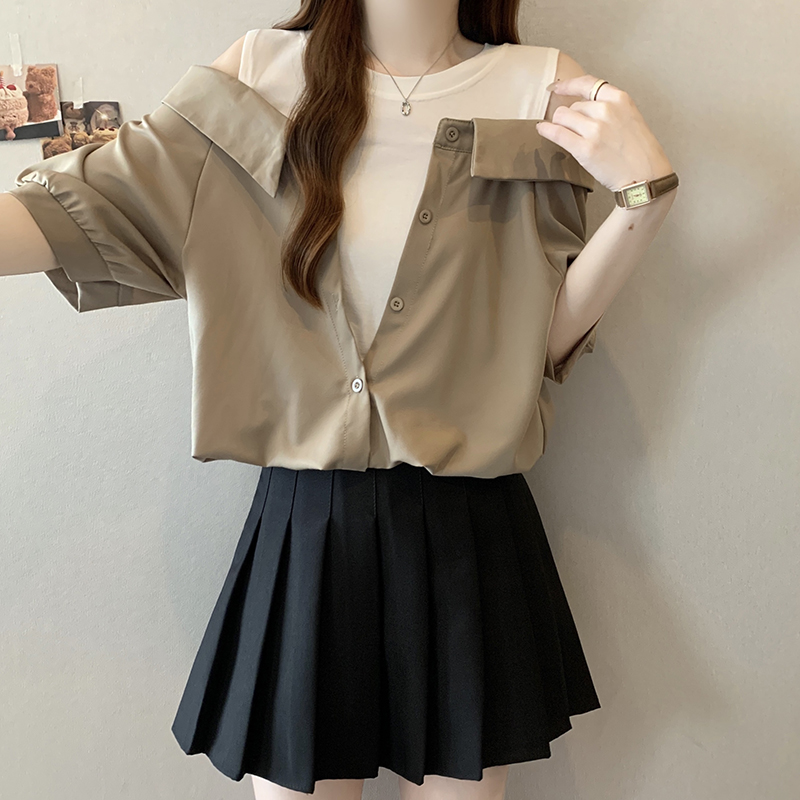 百搭設計感小眾假兩件露肩襯衫(2色)