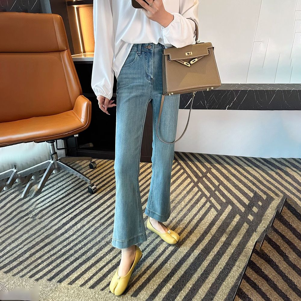 彈性高腰顯瘦喇叭牛仔褲