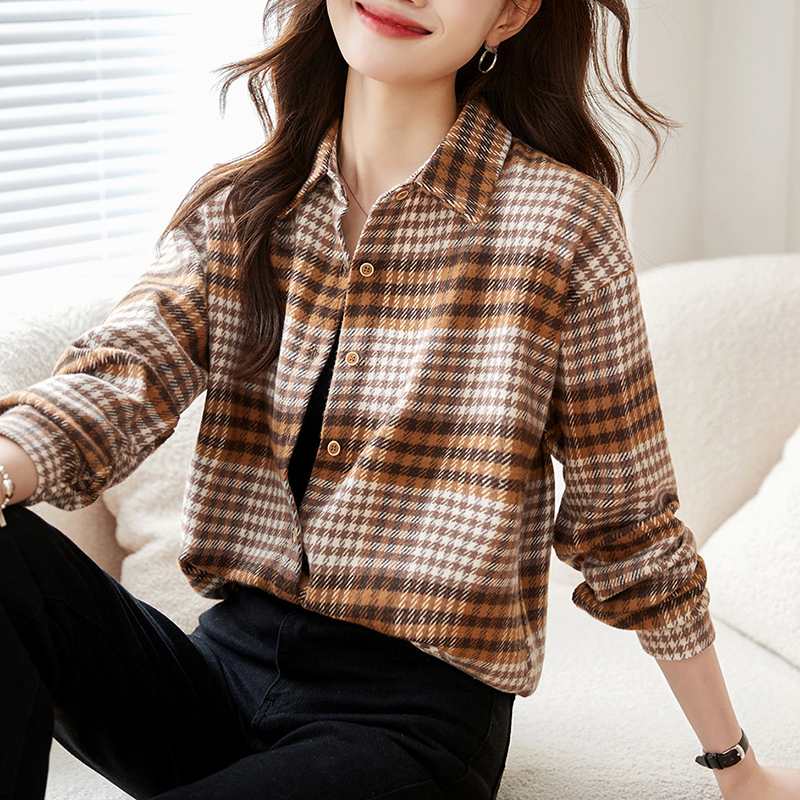 復古磨毛撞色格紋寬鬆翻領襯衫(2色)