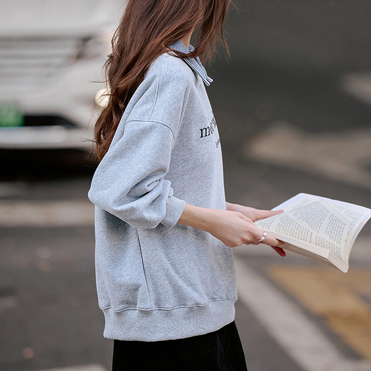 假兩件牛仔翻領字母印花衛衣