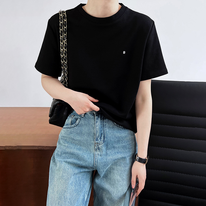 簡約圓領字母刺繡短袖T恤(3色)