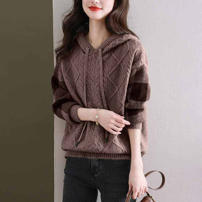 慵懶休閒寬鬆格紋拼接袖連帽針織衫(3色)