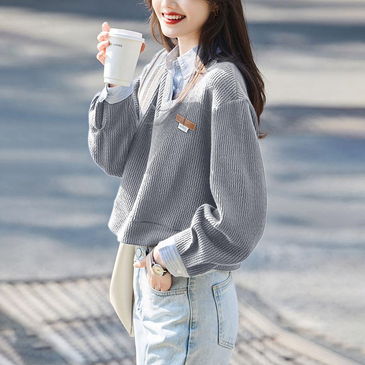 翻領條紋拼接假兩款短款衛衣(3色)