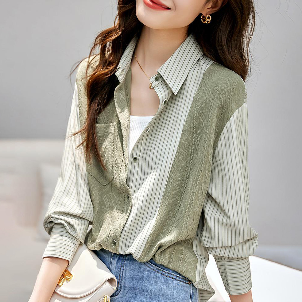 全新時尚針織條紋拼接襯衫