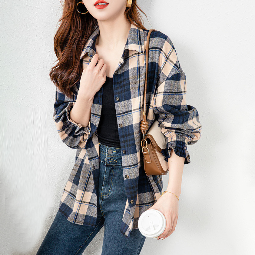 韓版寬鬆顯瘦格紋襯衫(2色)