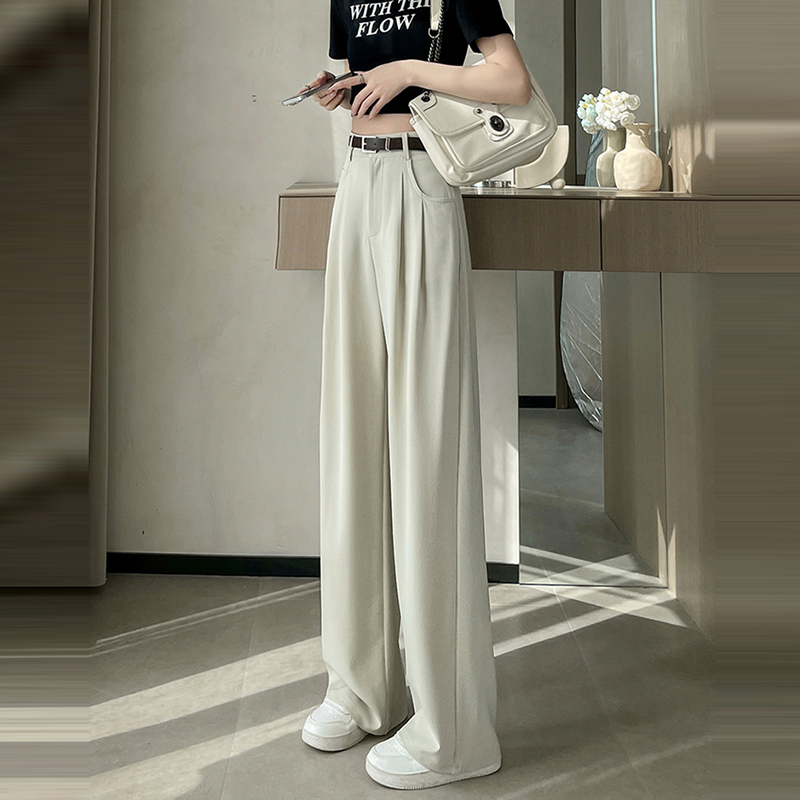 薄款休閒高腰窄版拖地闊腿褲(4色)