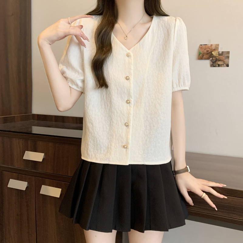 肌理感百搭純色顯瘦短袖襯衫(2色)