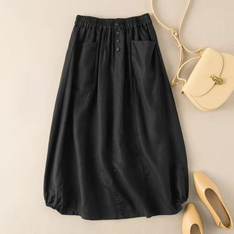 復古文藝中長款高腰A字亞麻半身裙（3色）