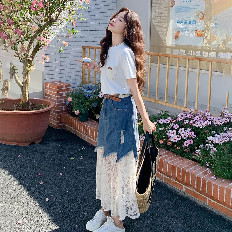 【單件/套裝】氣質流行短袖T恤/蕾絲拼接牛仔半身裙/兩件套裝