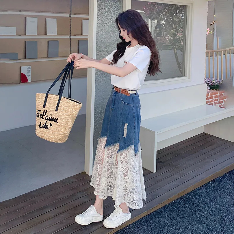 【單件/套裝】氣質流行短袖T恤/蕾絲拼接牛仔半身裙/兩件套裝