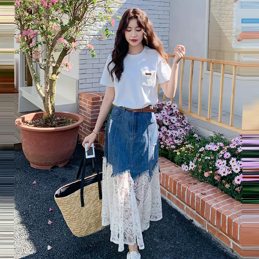 【單件/套裝】氣質流行短袖T恤/蕾絲拼接牛仔半身裙/兩件套裝