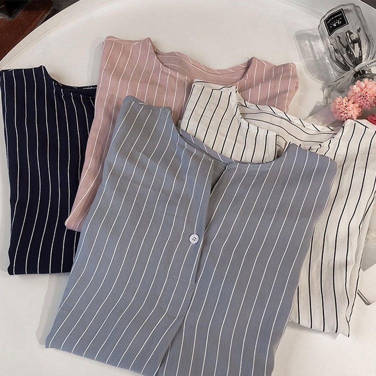 韓版圓領條紋七分袖休閒襯衫（4色）
