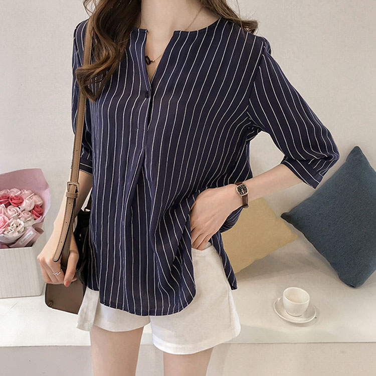 韓版圓領條紋七分袖休閒襯衫（4色）