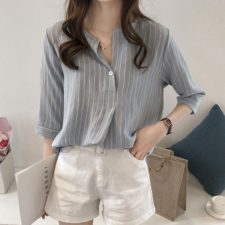 韓版圓領條紋七分袖休閒襯衫（4色）