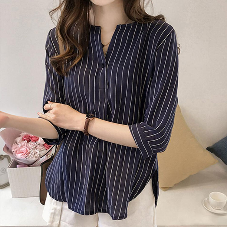 韓版圓領條紋七分袖休閒襯衫（4色）