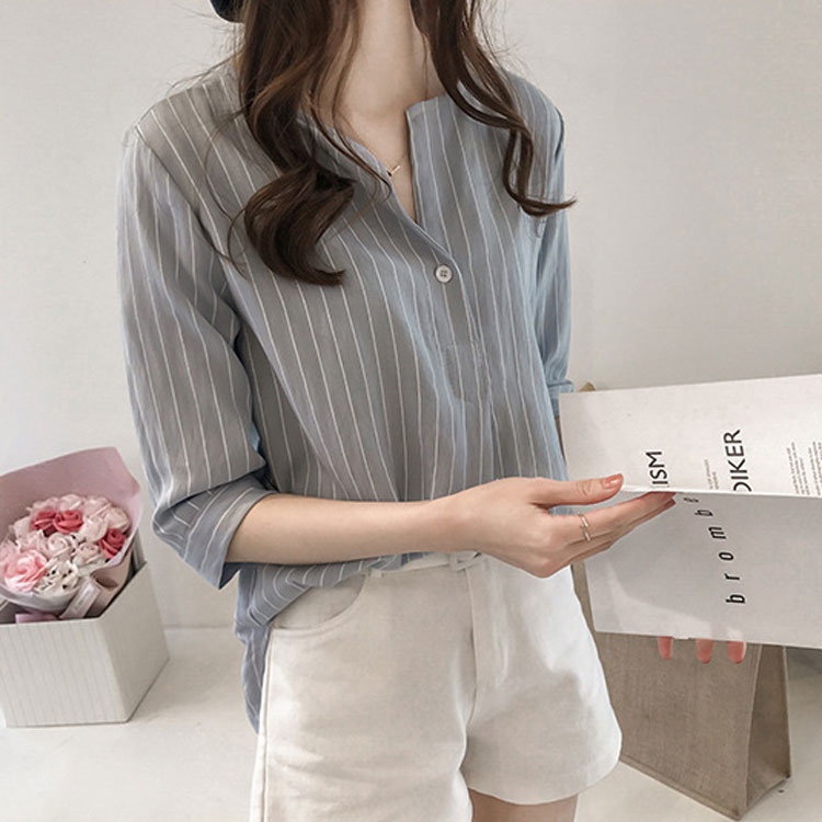 韓版圓領條紋七分袖休閒襯衫（4色）