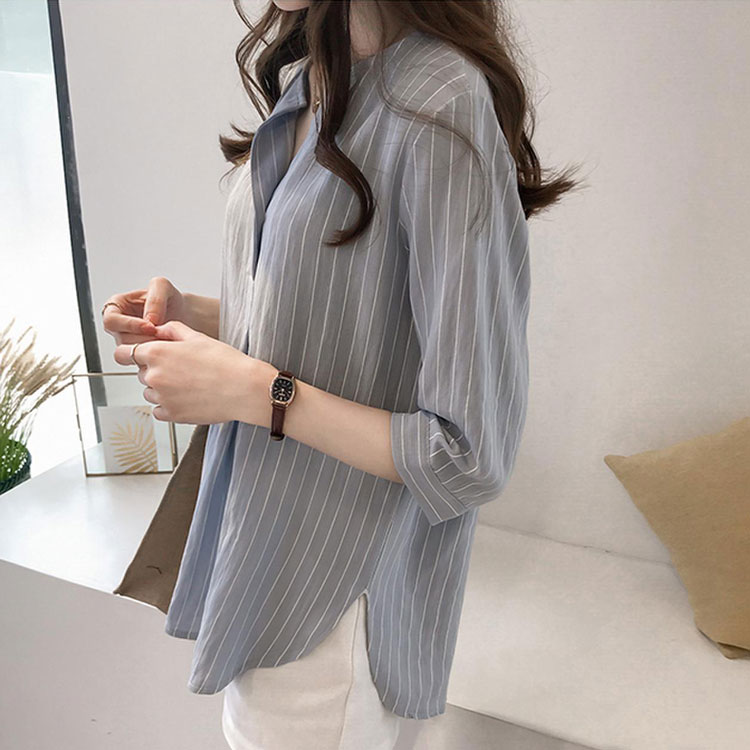 韓版圓領條紋七分袖休閒襯衫（4色）