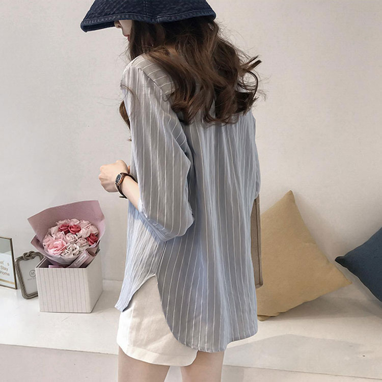 韓版圓領條紋七分袖休閒襯衫（4色）