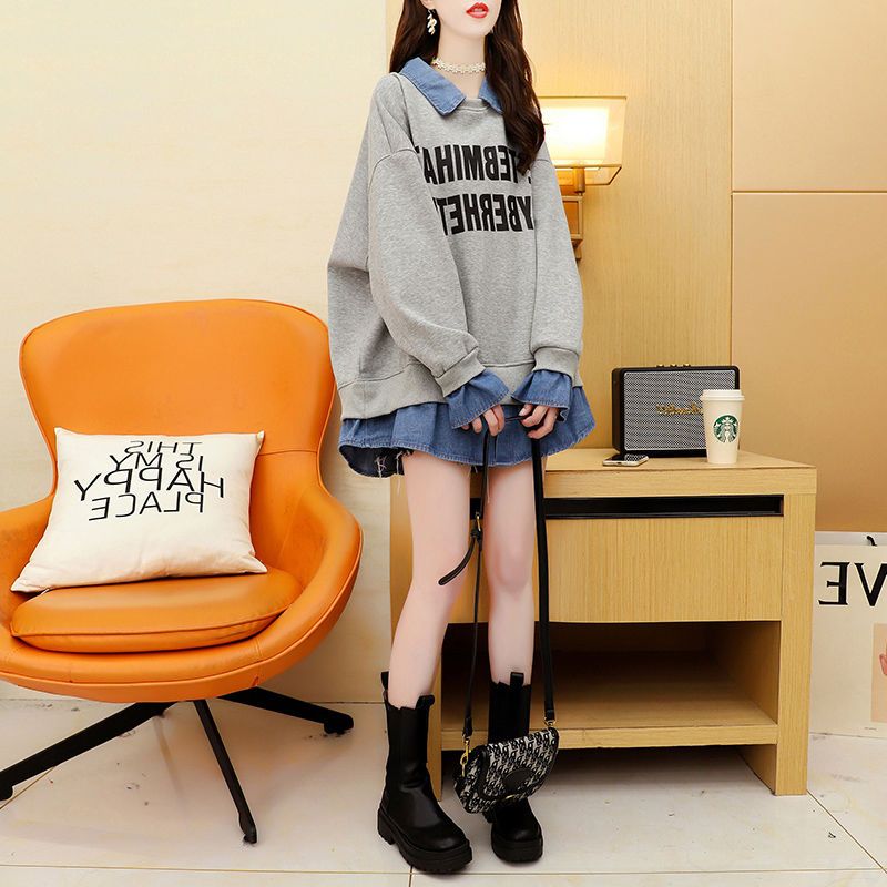 韓系假兩件POLO領牛仔拼接衛衣(2色)