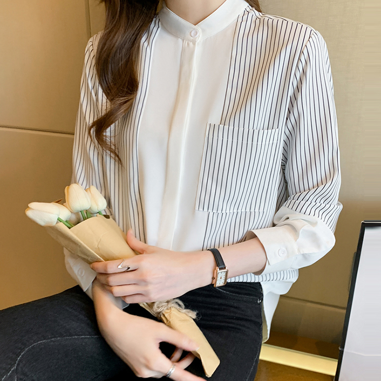 休閒立領條紋長袖襯衫