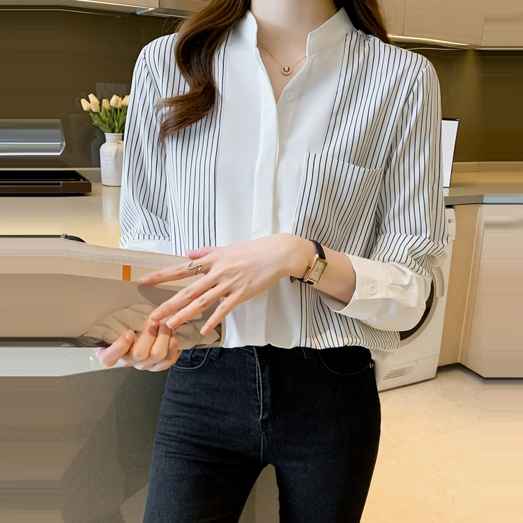 休閒立領條紋長袖襯衫