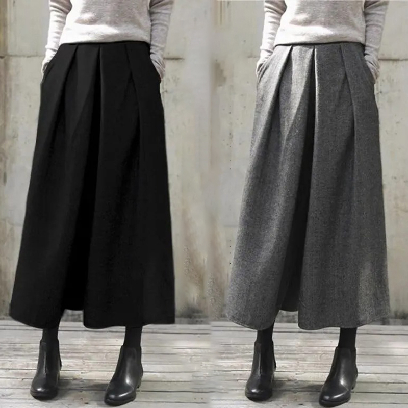 日系寬鬆休閒鬆緊腰毛呢裙褲(2色)