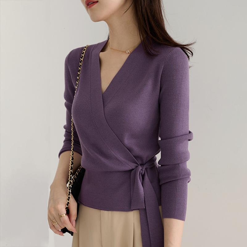 純色圍裹式V領綁帶針織衫(3色)