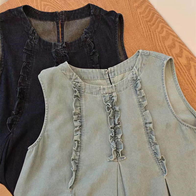 韓系木耳邊圓領無袖牛仔背心(2色)